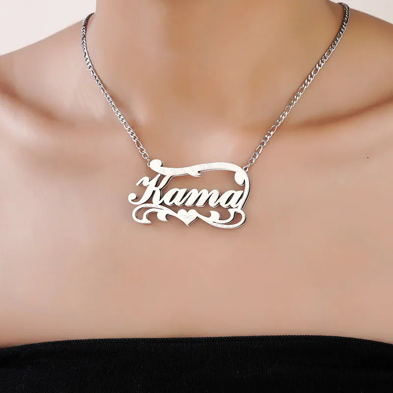Gold personalised double layer wave heart necklace with custom text engraving on pendant
