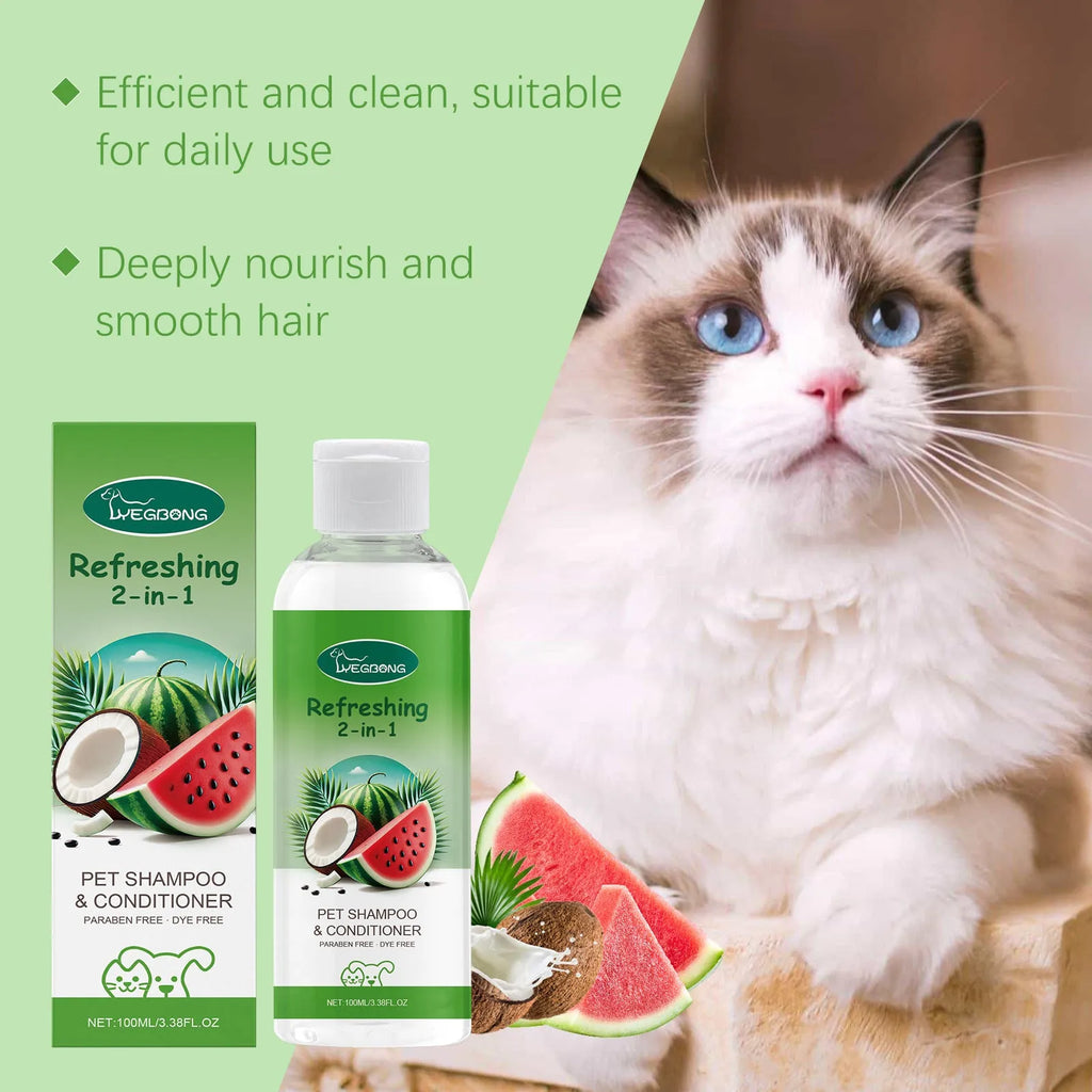 White bottle of pet 2-in-1 shampoo and shower gel, 100ml capacity, with label showing watermelon and coconut ingredients.