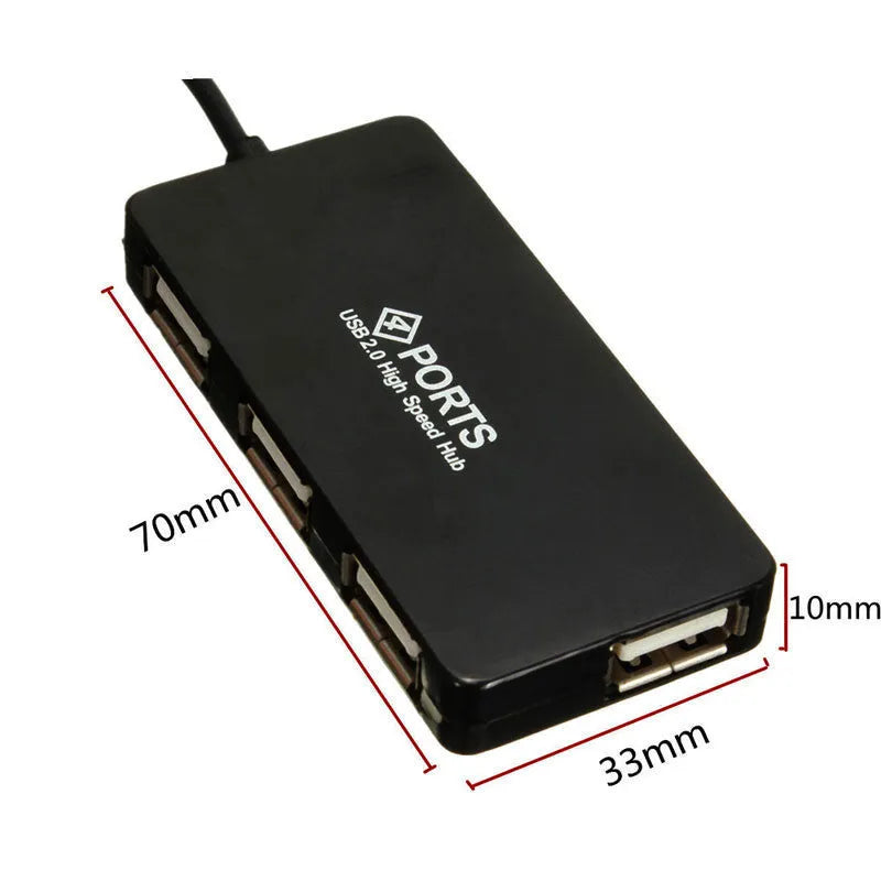 Compact black USB 2.0 4-port hub with switch, 70x30x10mm, 14.5cm cable