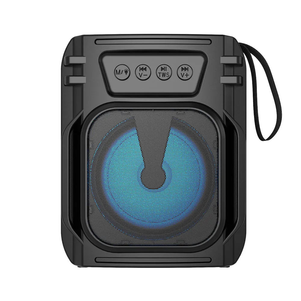 Portable Bluetooth speaker in colour 3107 shown next to its USB charging cable.