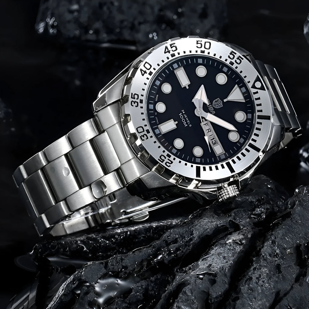 Men's waterproof watch with luminous dial and quartz movement on a steel or silicone strap.