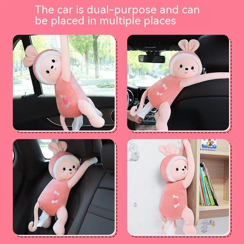 Plush car seat back-mounted tissue box holder with animal design