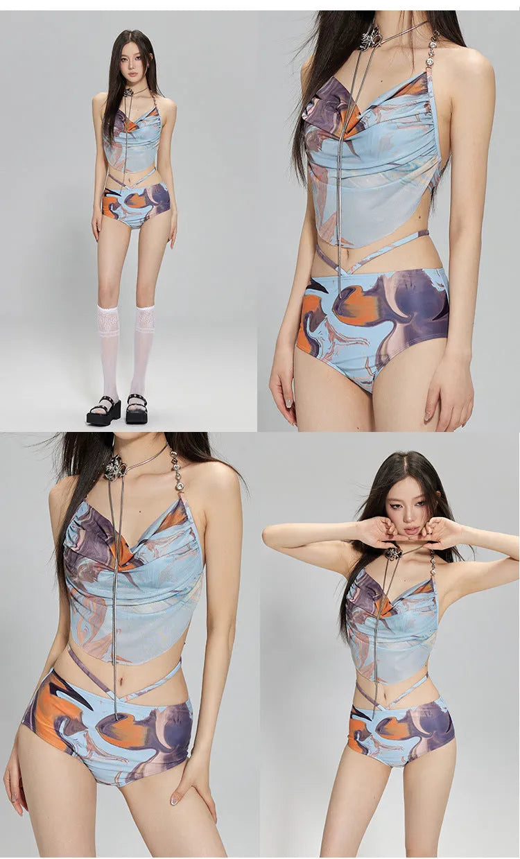 Women's blue printed bikini set with push-up top, bottoms, and removable skirt showing steel support structure