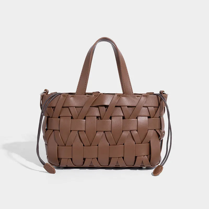 Women's hand-woven PU bucket handbag with open pocket, available in white, pink, brown, apricot, and black