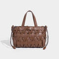 Women's hand-woven PU bucket handbag with open pocket, available in white, pink, brown, apricot, and black