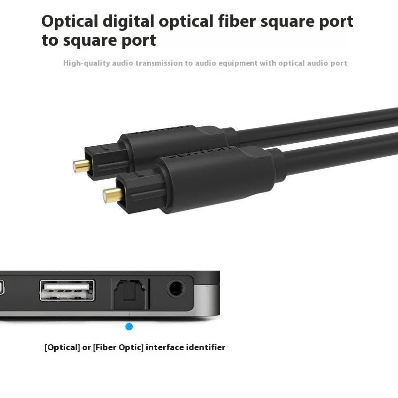Black fiber optic audio cable with gold-plated connectors, shown in lengths from 1 m to 5 m