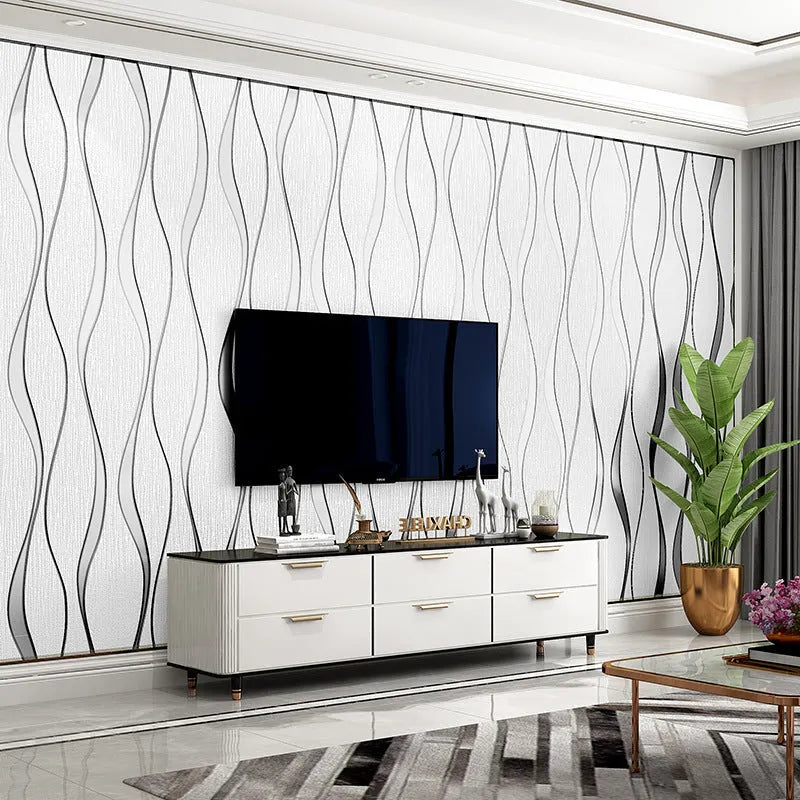 Curve stripe 3D wallpaper roll, 9.5m x 0.53m, light gray non-woven wall cloth