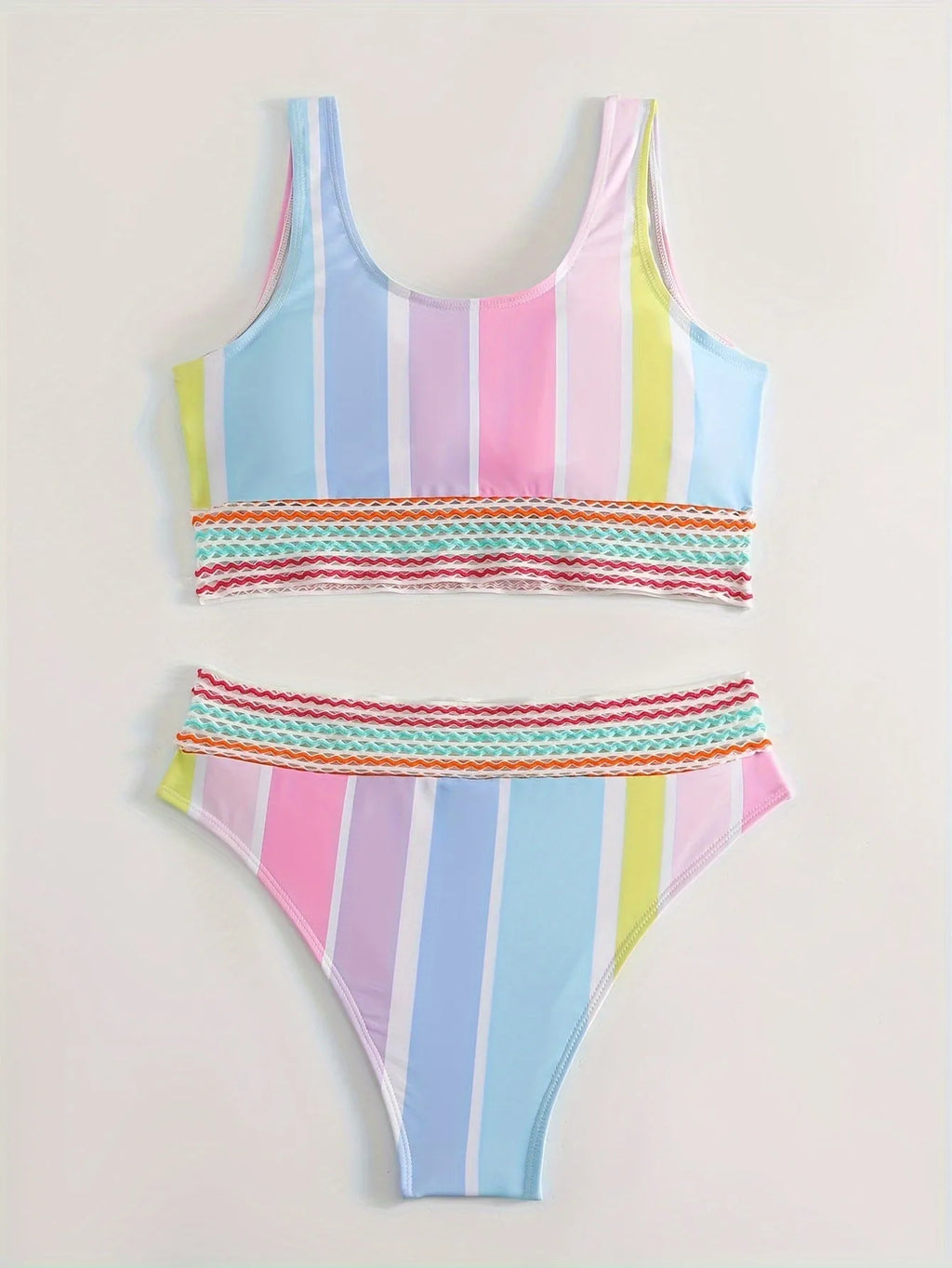Women's striped bikini top and briefs set in a European and American style on a mannequin.