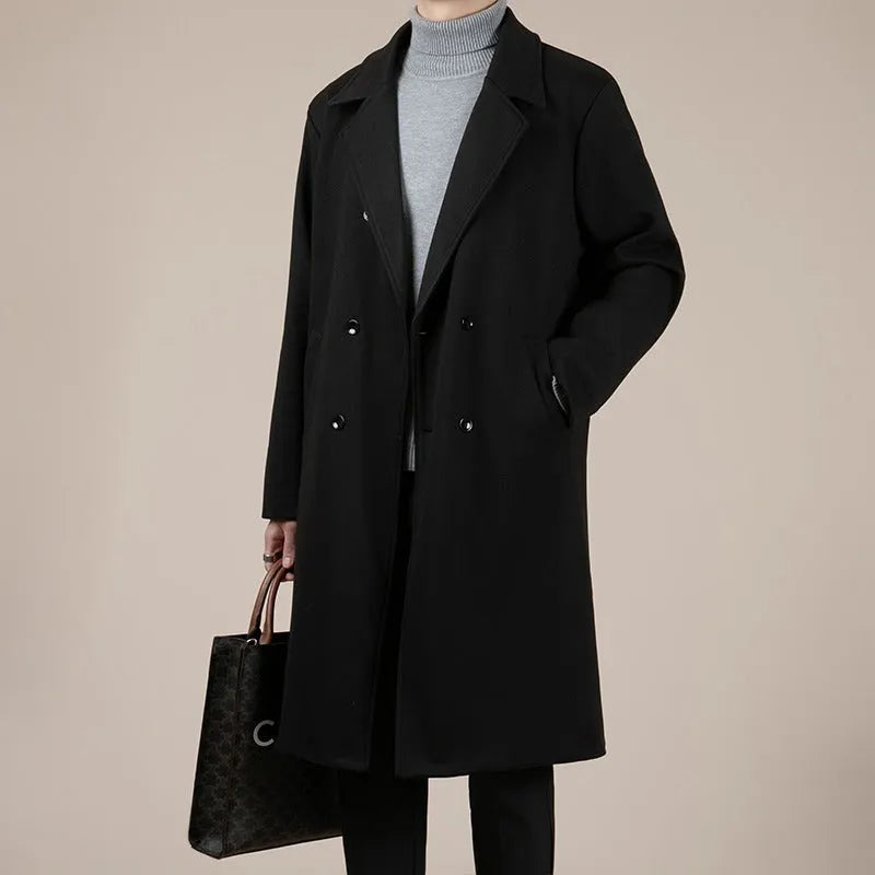 Men's mid-length corduroy linen trench coat in black or brown, loose fit, sizes M to 3XL, autumn winter daily wear