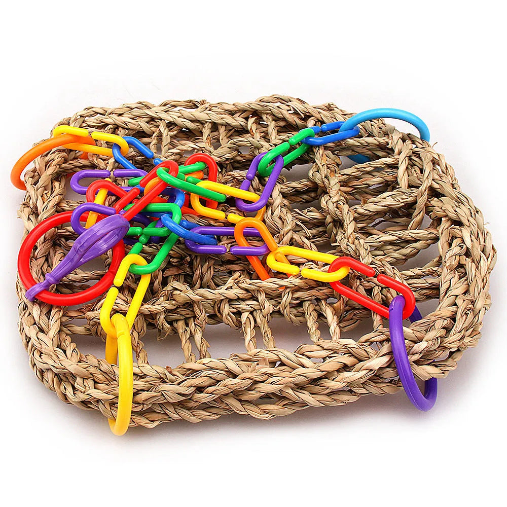 Wooden bird swing toy with hammock and metal or plastic ring for parrot cage