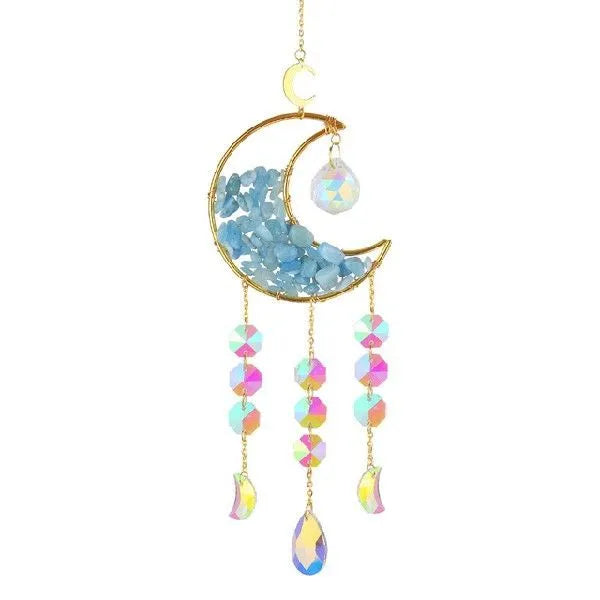 K9 crystal moon-shaped car pendant hanging, showing reflective surface in a choice of colours.