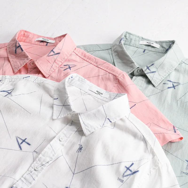 Men's light green pure cotton loose fit short sleeve cardigan shirt with letter print design