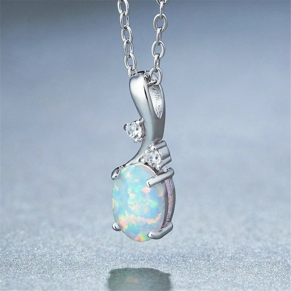 Water drop shaped opal pendant necklace with adjustable O-shaped alloy chain in rose gold or white