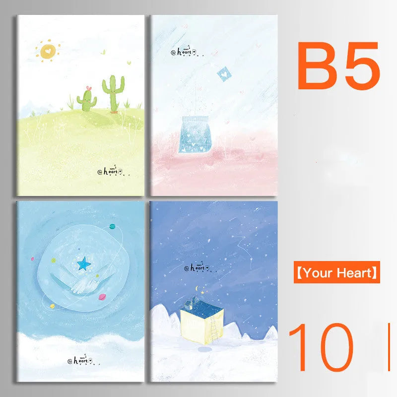 Set of 10 kraft paper notebooks with various hand-painted covers, shown open to display thread binding.