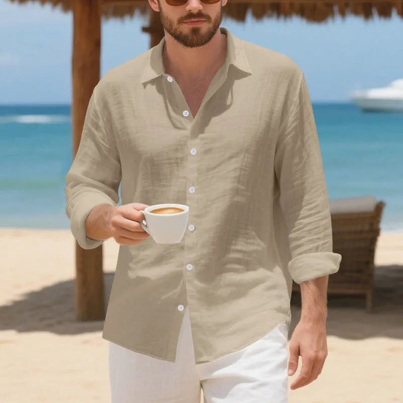 Man wearing a loose-fit light blue linen casual shirt with a non-iron finish, buttoned front, and classic collar.