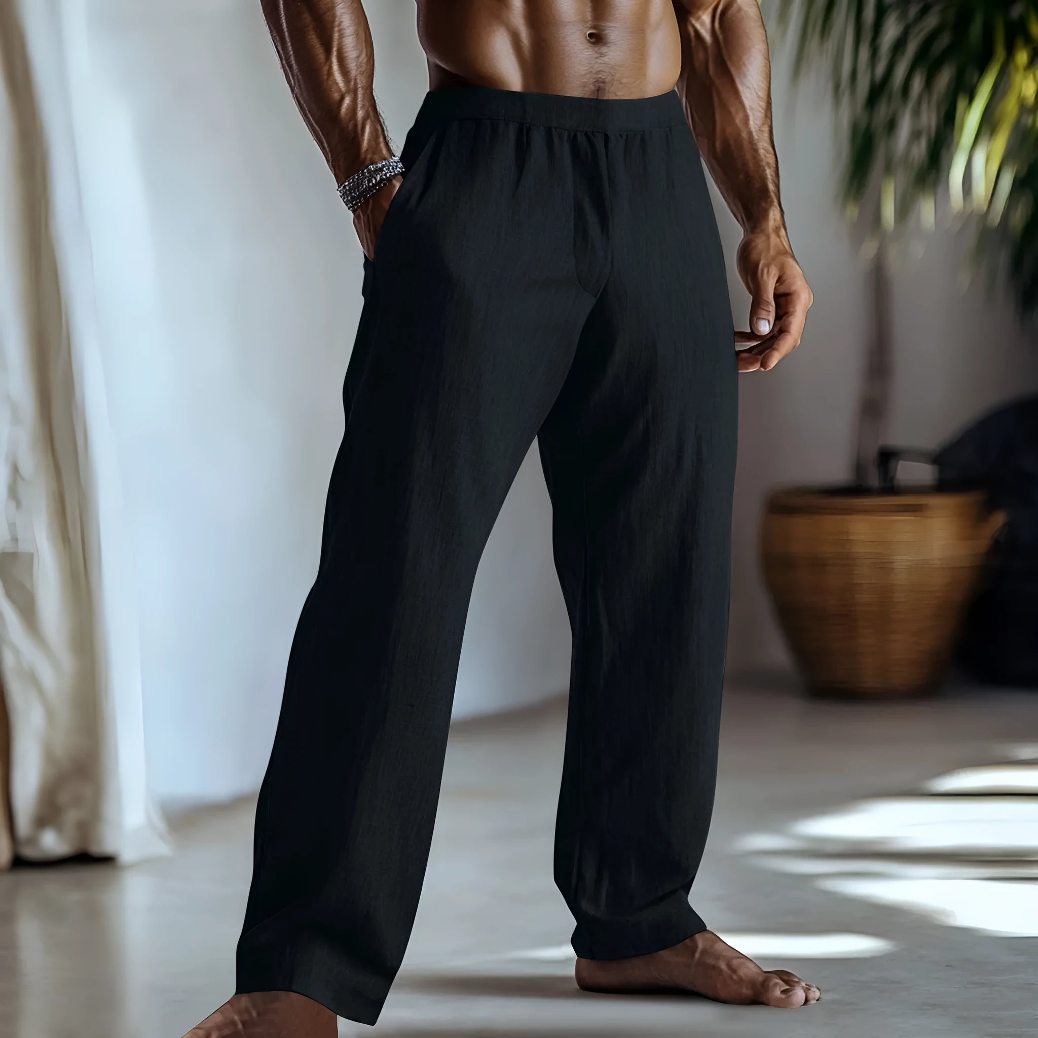 Cotton and linen straight-leg casual trousers in British style with multiple colour options