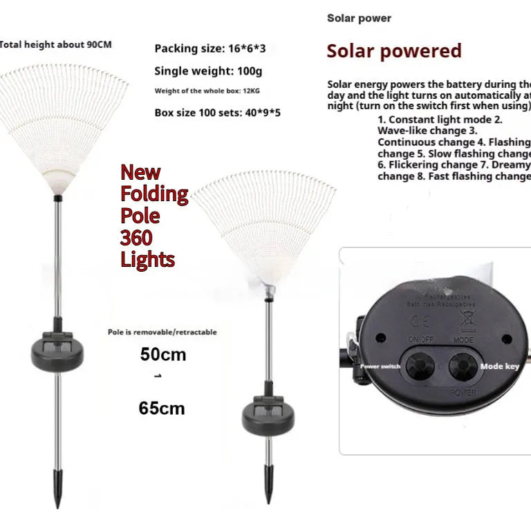 Solar powered fireworks lights with flower shape, IP65 protection, warm white or colourful light, and folding or straight rod options.