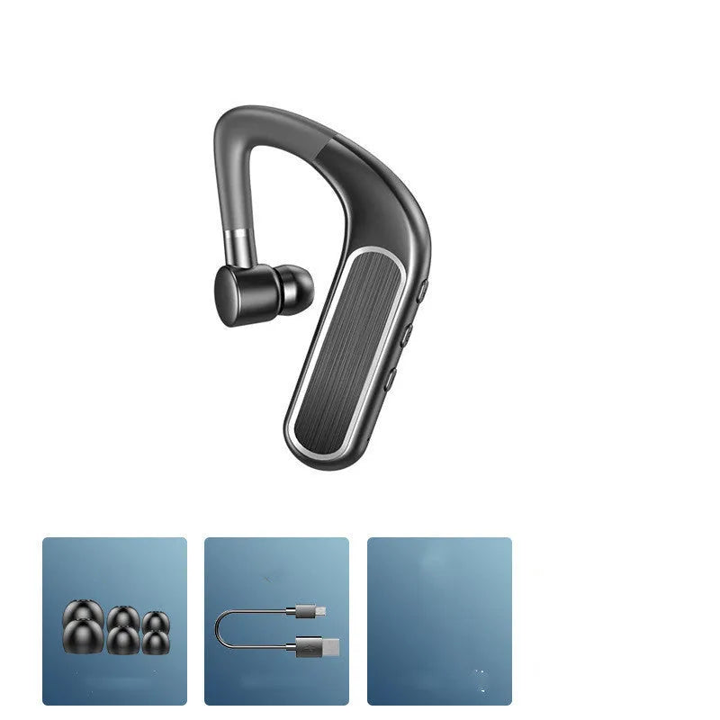 Black Bluetooth earphones with a hanging-ear design and multiple silicone ear caps, shown alongside a charging case.