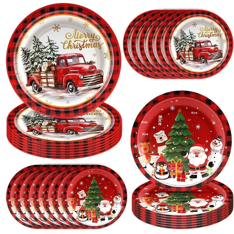 Pack of 10 disposable paper plates with cartoon Christmas design in 7-inch and 9-inch sizes