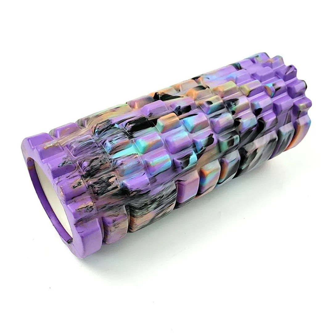 33cm camouflage pattern EVA foam roller in blue green yellow colour on a fitness mat.