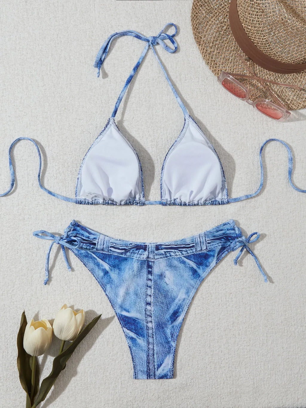 Women's denim blue printed bikini swimsuit set with adjustable straps
