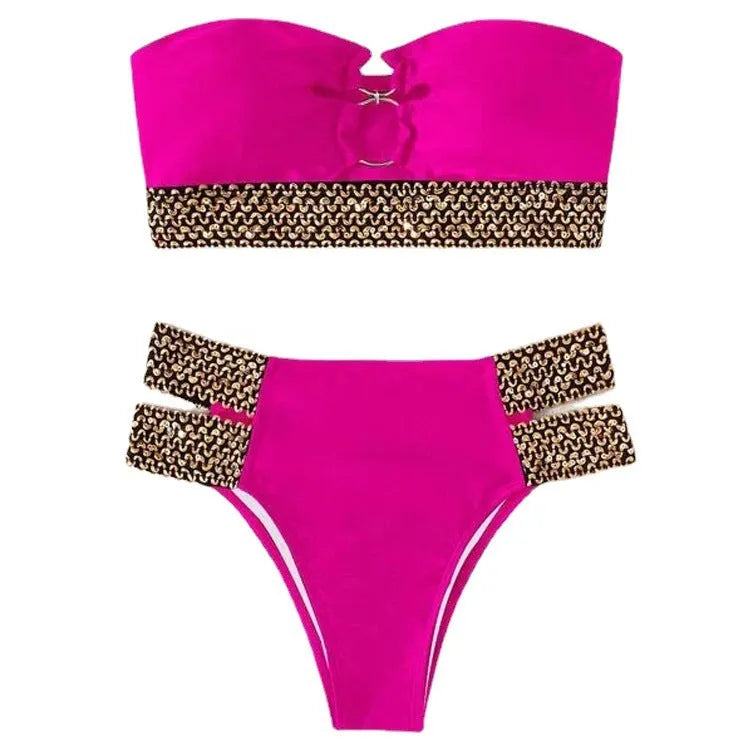 Hollow beach bikini split swimsuit with removable pads in black nylon fabric for women