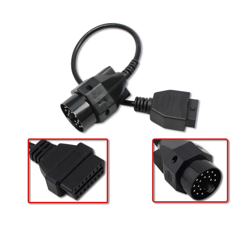 OBD2 adapter cable with BMW 20-pin connector and standard 16-pin OBD2 connector for vehicle diagnostics.