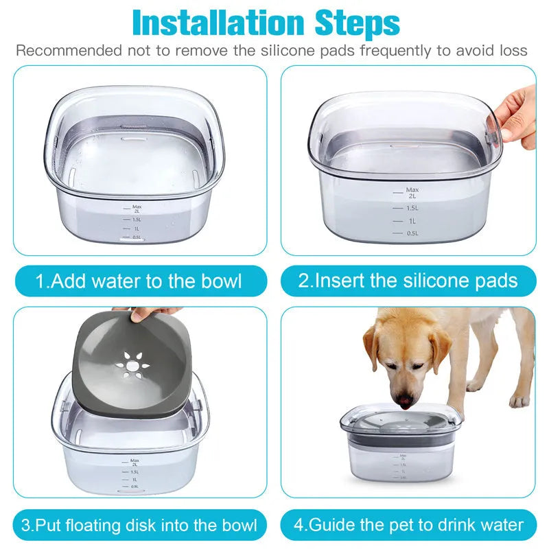 Transparent large 70oz dog water bowl with floating slow drink disk and non-slip base