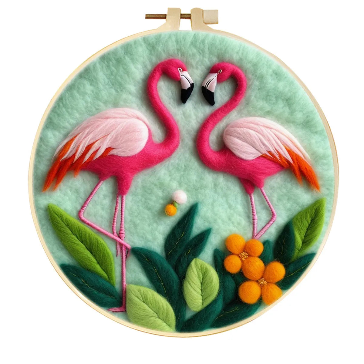 Round linen embroidery frame with wool felt floral decoration kit for three-dimensional wall art
