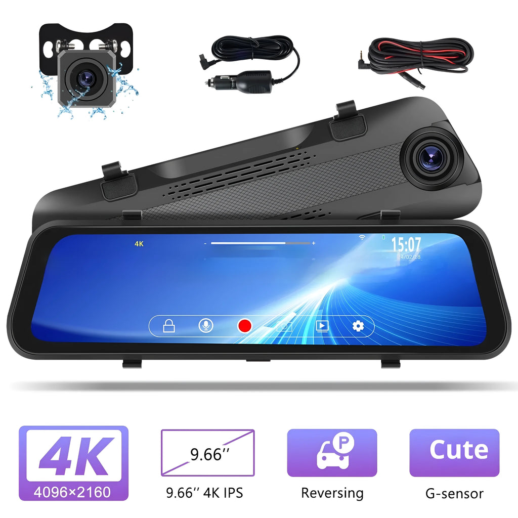 Car streaming media rear view mirror dash cam with 9.66 inch touch screen showing dual camera display