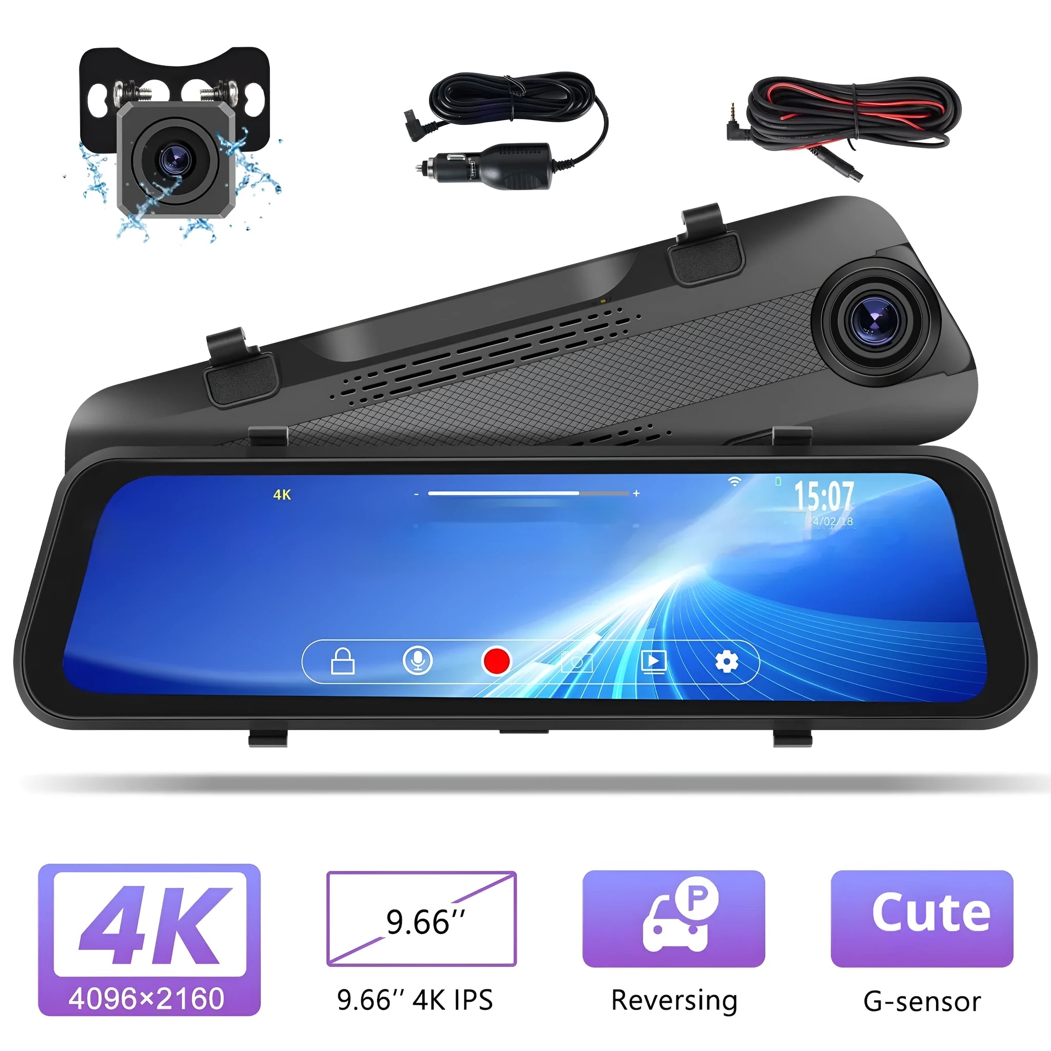 Car streaming media rear view mirror dash cam with 9.66 inch touch screen showing dual camera display