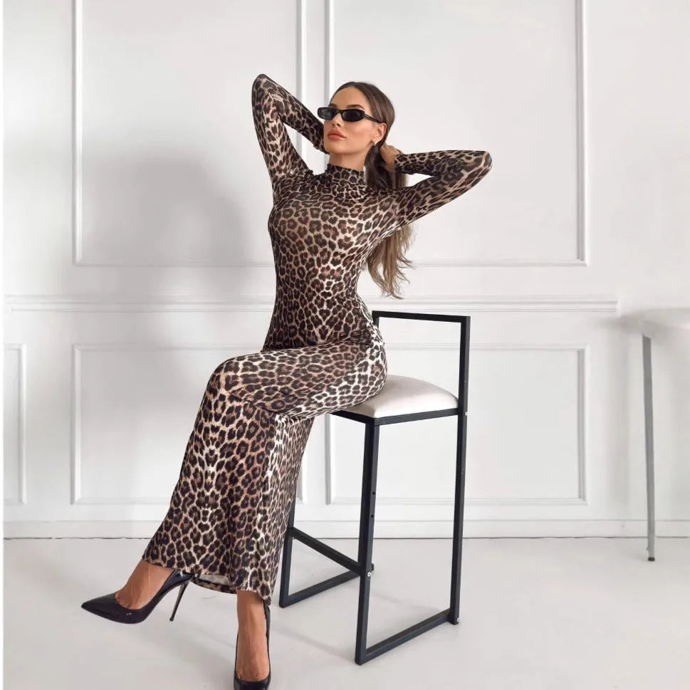 Leopard print women's long dress with stand collar and long sleeves.