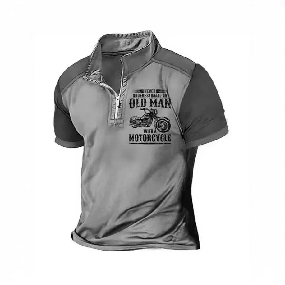 Men's casual polo shirt with lapel collar, digital printed letters, and zipper decoration details.