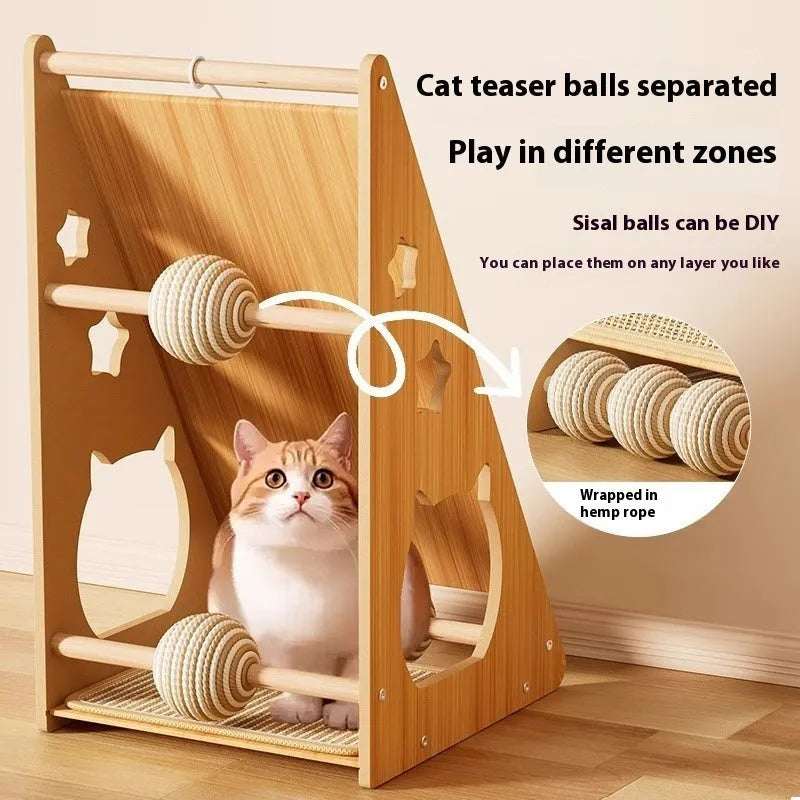 Vertical wall-mounted cat scratch board with sisal surface, teasing ball, and hemp rope.