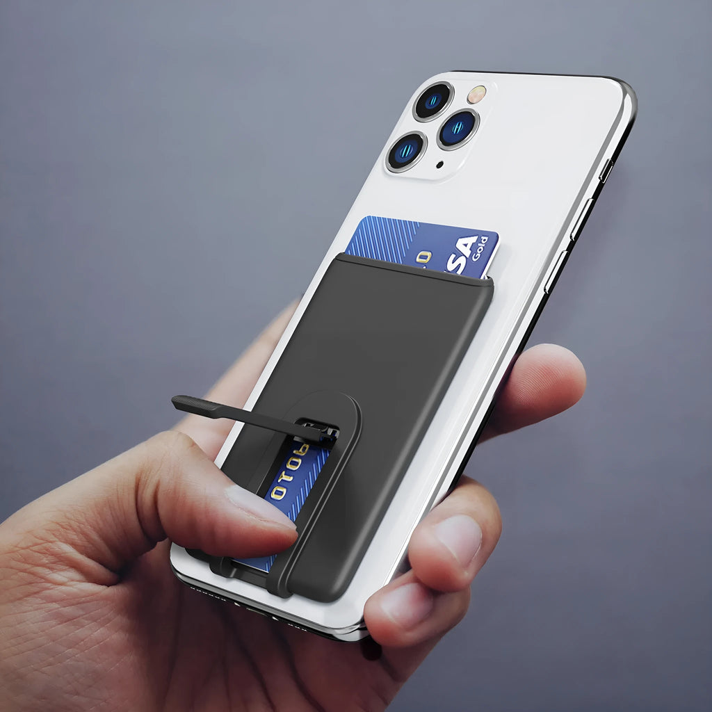 Black silicone phone card holder with bracket, 5.8 x 9.4cm, multifunction mobile phone bag for cards and stand use.