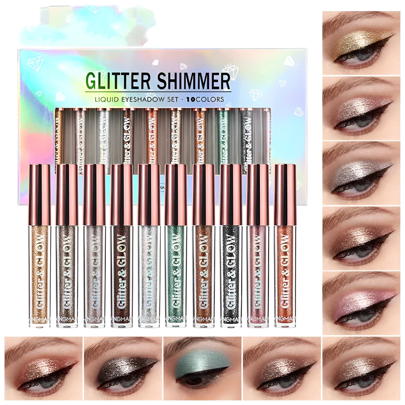 Diamond Shine Liquid Eye Shadow 10 colour set in a compact box with shimmering pearl finish