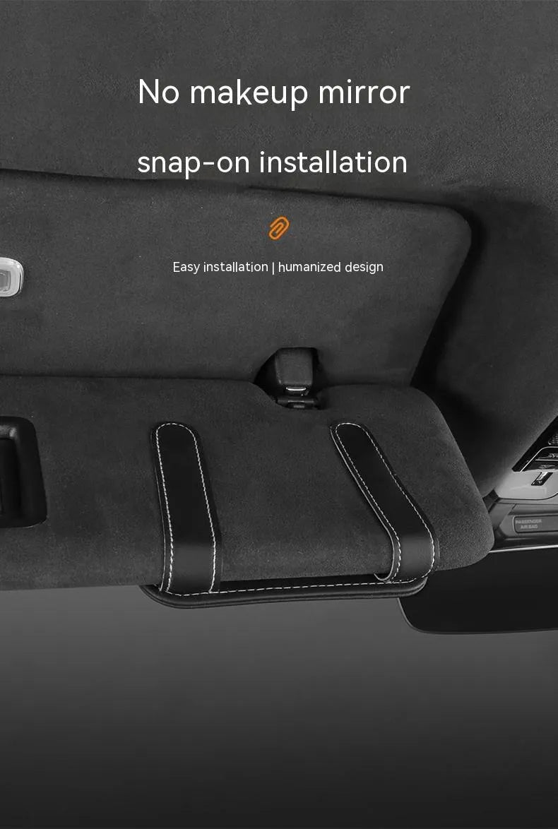 Genuine cowhide leather car sun visor organiser with card slots and integrated glasses clip