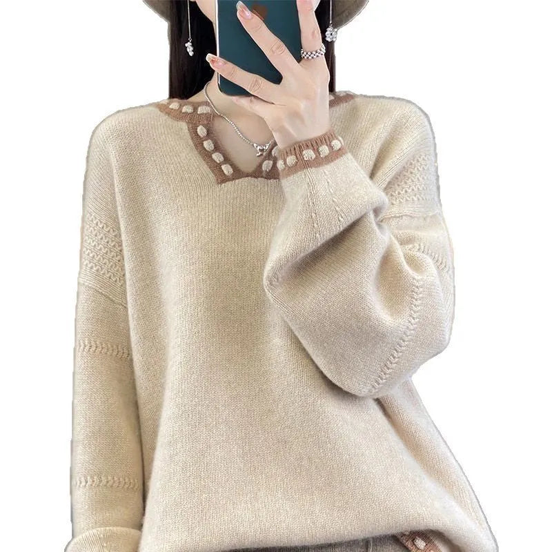 Women's camel V-neck viscose pullover sweater with long sleeves laid flat.