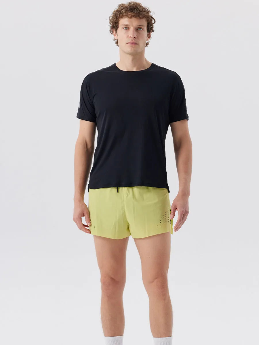 Men's micro-elastic nylon sports shorts with side slits in turmeric, night blue, or black colours