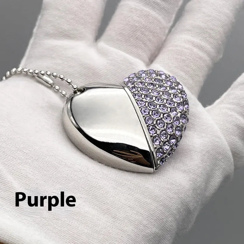 Creative heart-shaped USB flash drive with brick-inlaid pattern and metal shell in various colours.