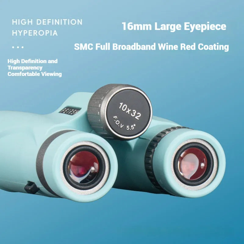 10x32 wine red film imaging binoculars with blue colour option showing compact 112x140x45mm dimensions