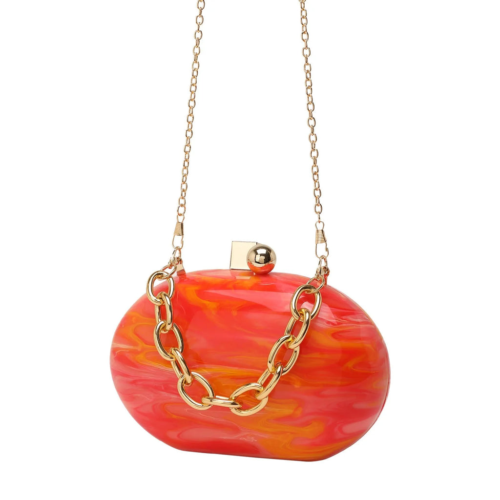 Hard acrylic oval chain crossbody bag with retro design and internal organisation pockets