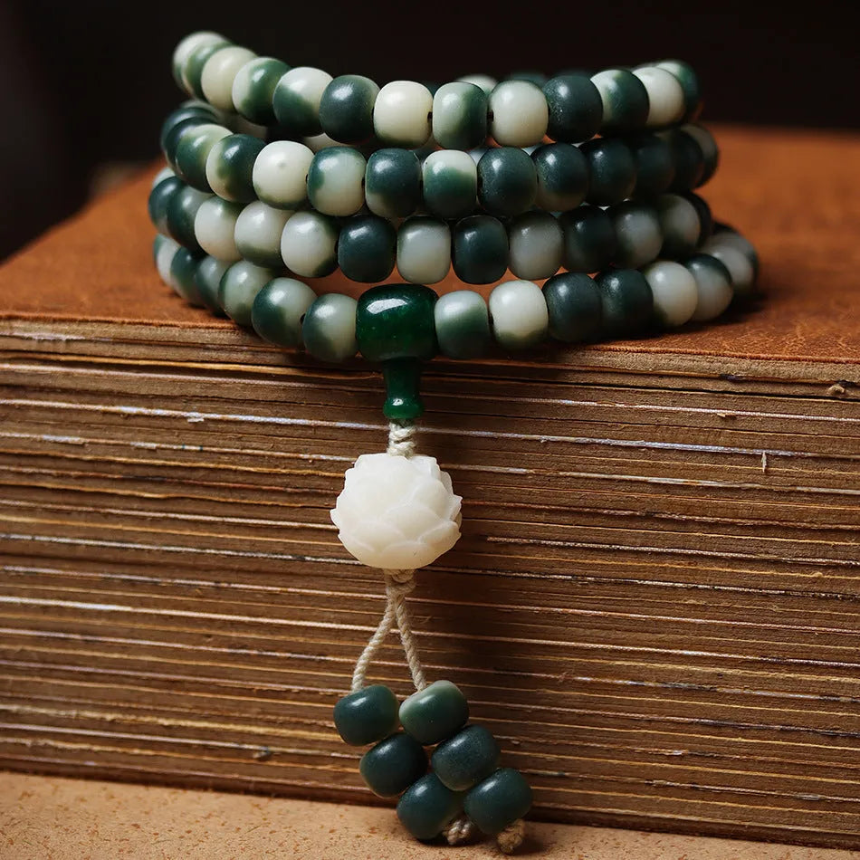 Lotus white jade bodhi root bracelet with floating flowers landscape pattern on 8 × 10mm beads