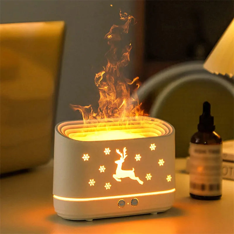 White round elk flame humidifier diffuser with USB cable, showing flame effect from mist and light on a desk