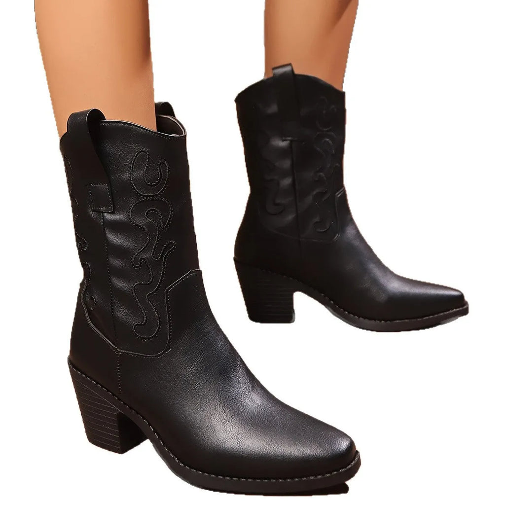 British style chunky heel mid-calf pointed toe plus size ankle boots for women in black with block heel and patchwork detail