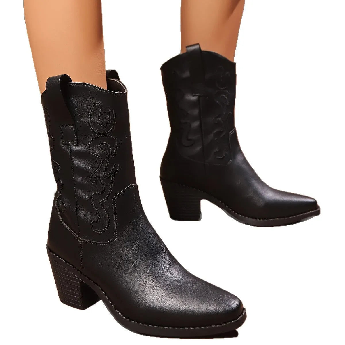 British style chunky heel mid-calf pointed toe plus size ankle boots for women in black with block heel and patchwork detail