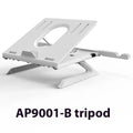 Black folding aluminium laptop stand with 9-level angle adjustment and cooling slot, on a desk with a laptop