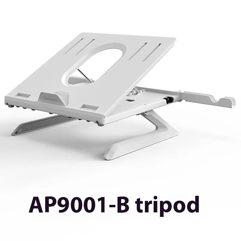Black folding aluminium laptop stand with 9-level angle adjustment and cooling slot, on a desk with a laptop
