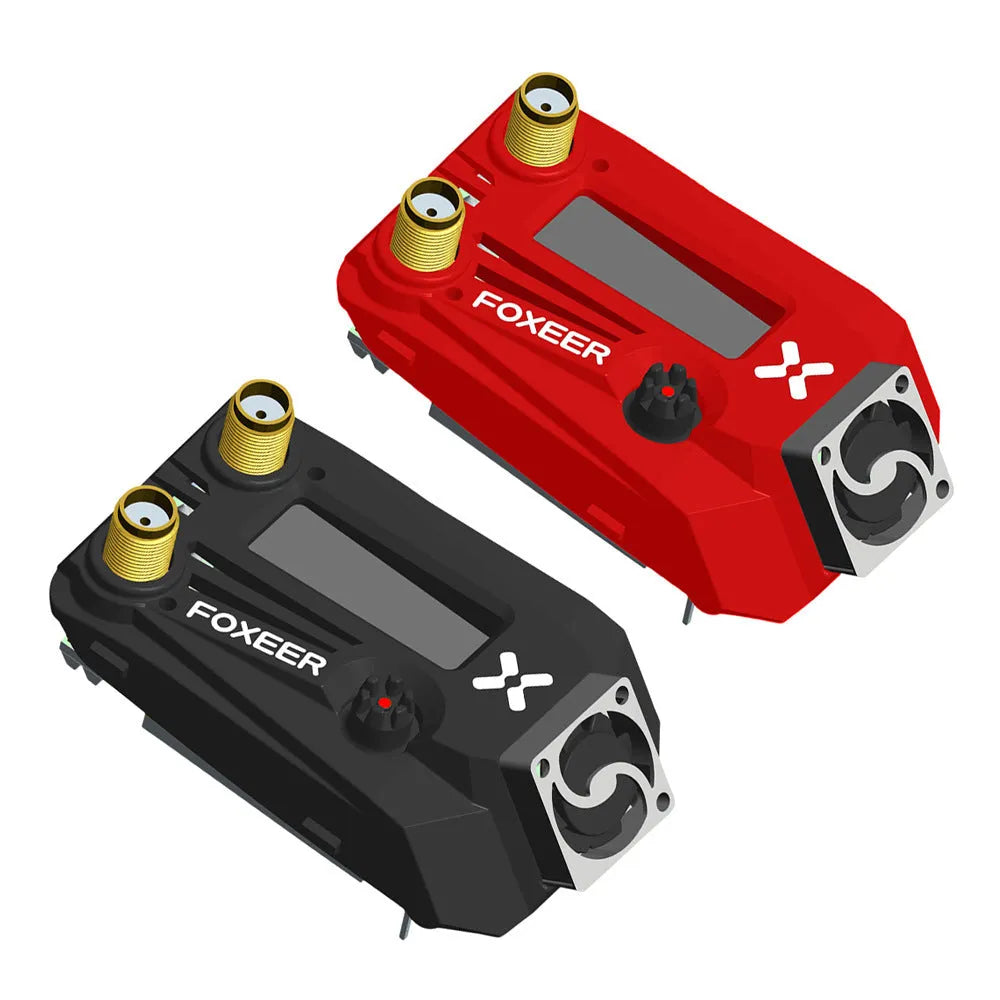 Black Wildfire FPV dual diversity receiver module for FatShark goggles, showing antenna connectors and compact design.
