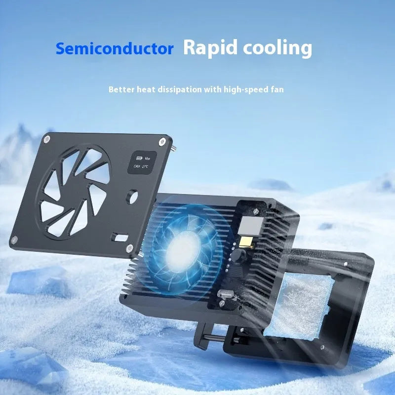 Black aluminium computer radiator with cooling fan measuring 89mm by 52mm